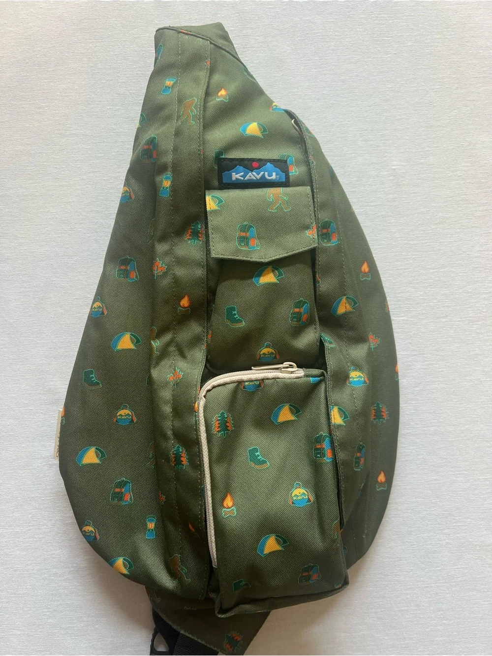 Kavu Olive Green Sling Bag with Multi-Color Camper & Tent Print